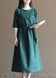 Loose Solid Blackish Green Drawstring Ruffled Cotton Linen Vacation Dress Half Sleeve