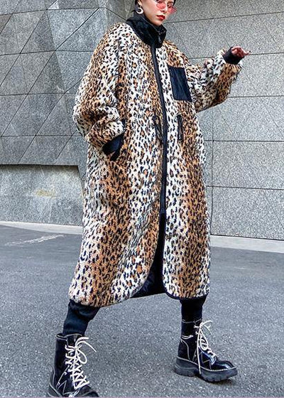 Loose Square Collar zippered fine fall coats women Leopard coats - SooLinen