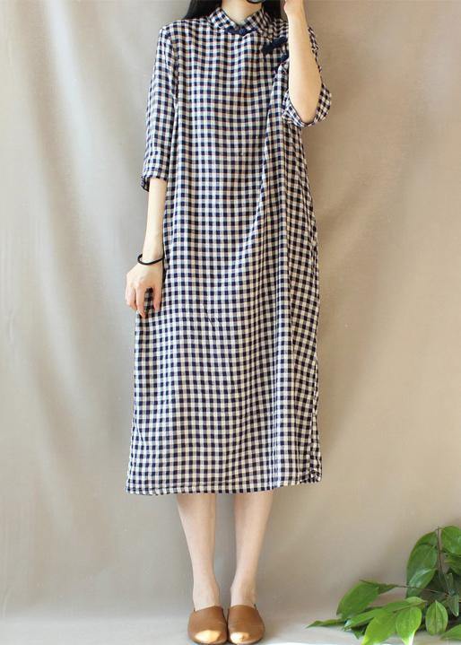 Loose Stand Collar Chinese Button Outfit Work Plaid Maxi Dresses - SooLinen