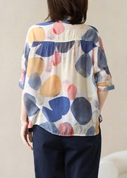 Loose Stand Collar Dot Print Button Silk Cotton Shirt Half Sleeve