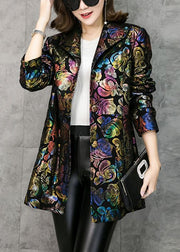 Loose Stand Collar Print Pockets Patchwork Faux Leather Coats Fall