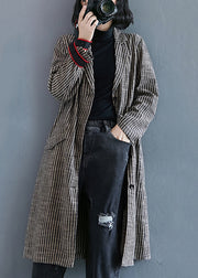 Loose Striped Notched Button Patchwork Cotton Long Coats Fall