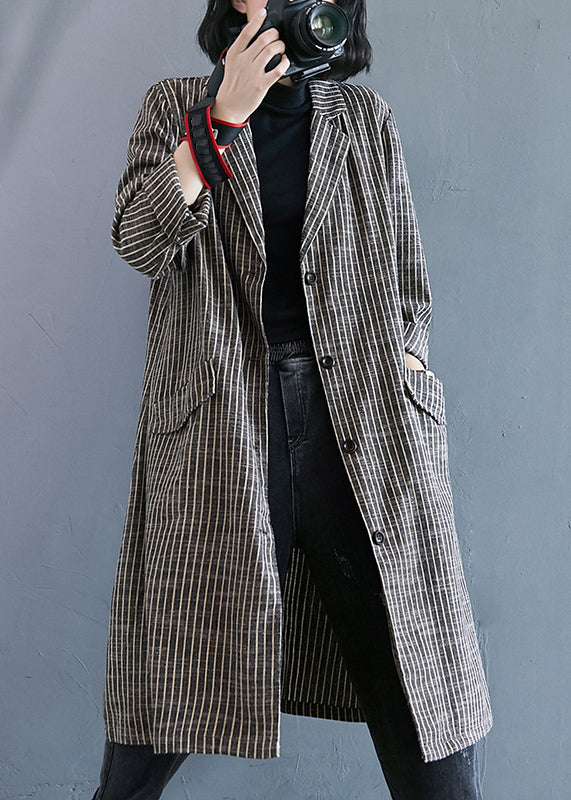Loose Striped Notched Button Patchwork Cotton Long Coats Fall