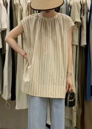 Loose Striped O-Neck Side Open Cotton Shirt Vest Sleeveless