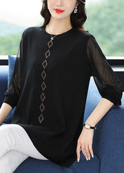 Loose Striped O Neck Zircon Tulle Patchwork T Shirt Spring