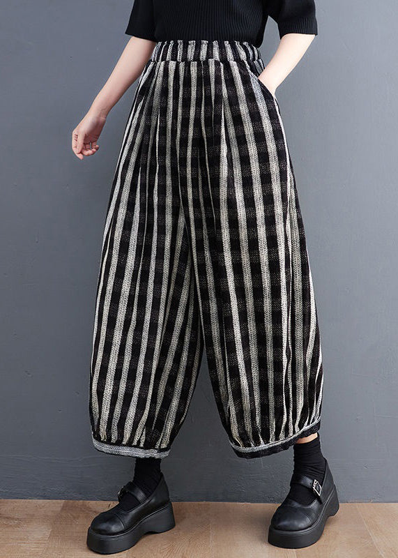 Loose Striped Pockets Elastic Waist Cotton Wide Leg Pants Spring