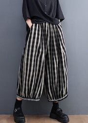 Loose Striped Pockets Elastic Waist Cotton Wide Leg Pants Spring
