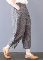 Loose Striped Pockets Elastic Waist Linen Harem Pants Summer