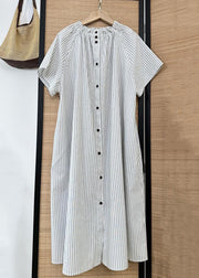 Loose Striped Ruffled Button Cotton Shirt Dress Summer