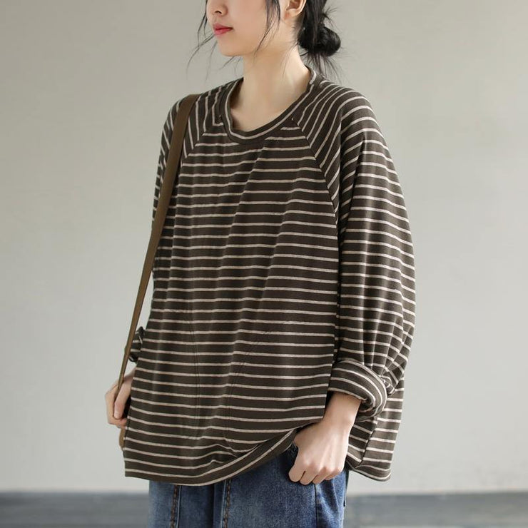 Loose Striped cotton Spring Clothes design Chocolate shirt - SooLinen