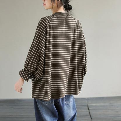 Loose Striped cotton Spring Clothes design Chocolate shirt - SooLinen