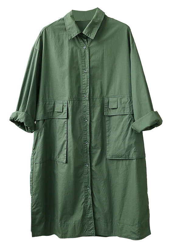 Loose Tea Green Peter Pan Collar Button Pockets Fall Long Sleeve Trench Coat