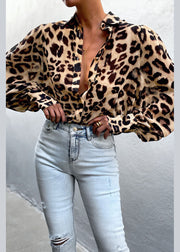 Loose Turn-down Collar Button Leopard Print Shirts Lantern Sleeve