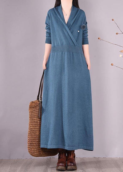 Loose V Neck Asymmetric Spring Quilting Clothes Work Blue Robes Dresses - SooLinen