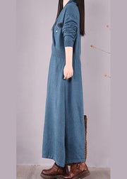 Loose V Neck Asymmetric Spring Quilting Clothes Work Blue Robes Dresses - SooLinen