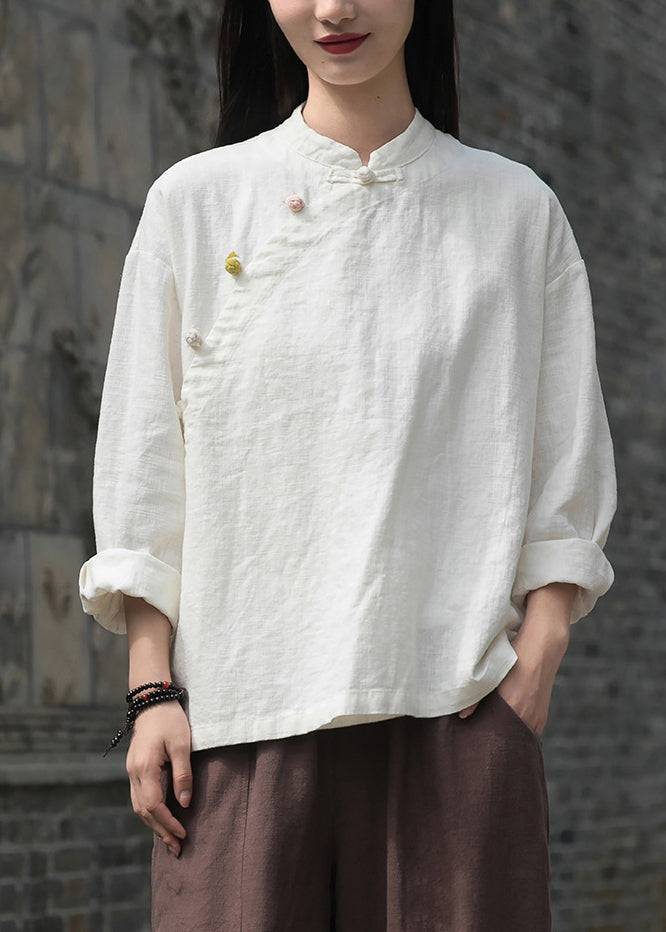 Loose White Button Side Open Patchwork Linen Shirt Top Fall