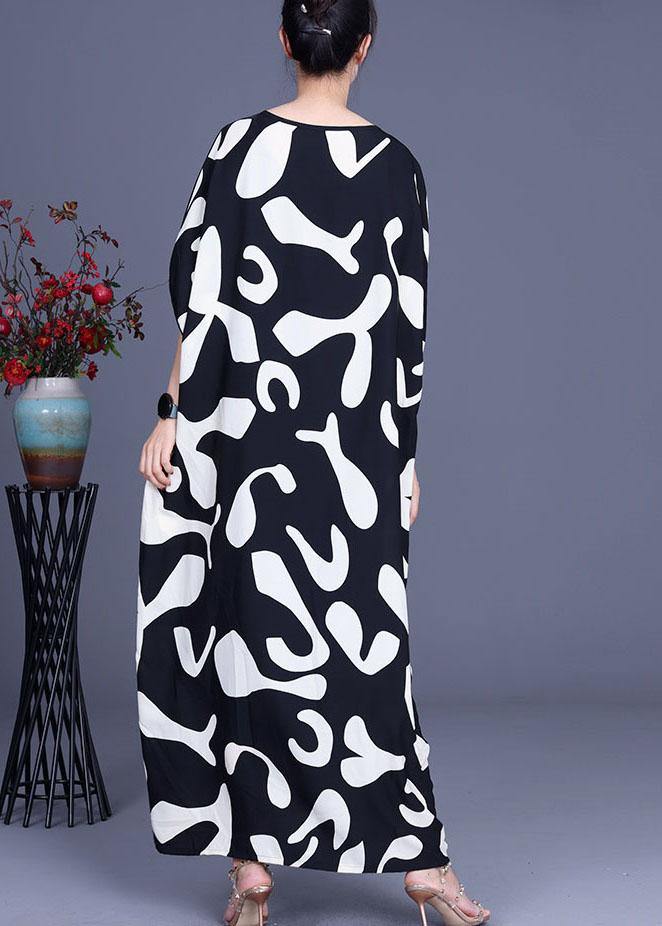 Loose White Elegant Print Patchwork Summer Silk Long Dresses - SooLinen