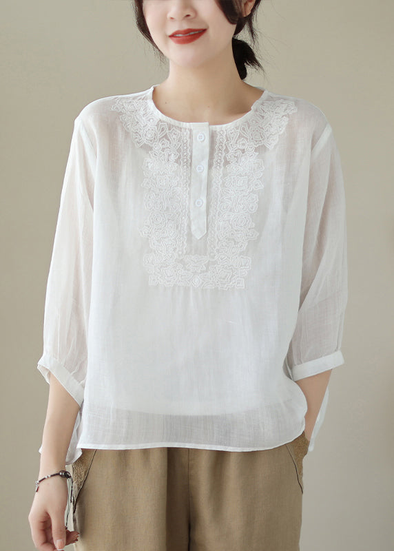 Loose White Embroidered Button Patchwork Cotton Blouse Summer