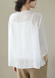 Loose White Embroidered Button Patchwork Cotton Blouse Summer