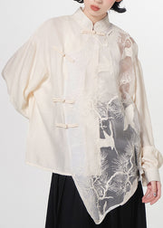 Loose White Embroidered Chinese Button Patchwork Tulle Shirt Top Fall
