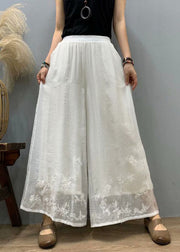 Loose White Embroideried Elastic Waist Silk Linen Wide Leg Pants Summer