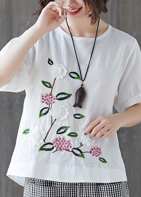 Loose White Embroideried Floral Cotton Linen Tees Summer - SooLinen