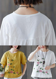 Loose White Embroideried Floral Cotton Linen Tees Summer - SooLinen