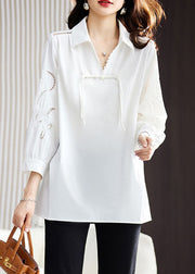 Loose White Embroidered Hollow Out Cotton Shirt Spring