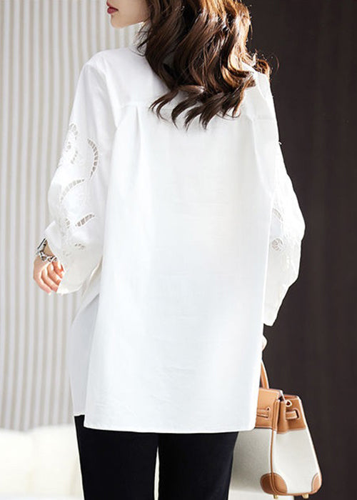 Loose White Embroidered Hollow Out Cotton Shirt Spring