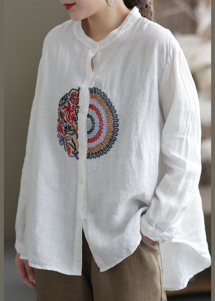 Loose White Embroidered Patchwork Linen Shirts Spring