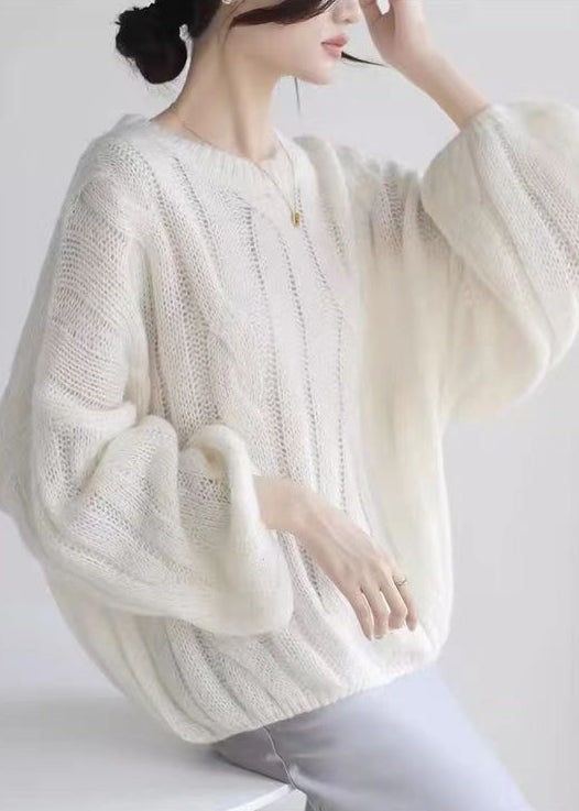 Loose White Hollow Out  Cozy Woolen Shirt Puff Sleeve