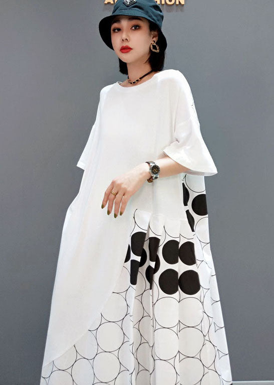 Loose White O-Neck Asymmetrical Patchwork Wrinkled Dot Cotton Vacation Dresses Short Sleeve