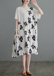 Loose White O-Neck Cinched asymmetrical design Print Dresses Short Sleeve