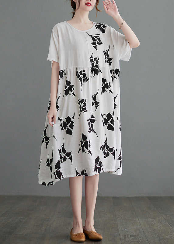 Loose White O-Neck Cinched asymmetrisches Design Print Kleider Kurzarm