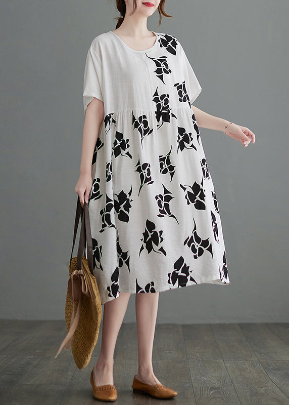 Loose White O-Neck Cinched asymmetrisches Design Print Kleider Kurzarm