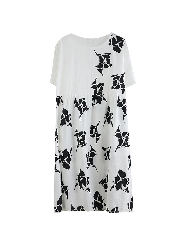 Loose White O-Neck Cinched asymmetrical design Print Dresses Short Sleeve