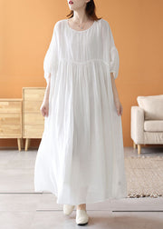 Loose White O Neck Wrinkled Patchwork Linen Long Dresses Summer