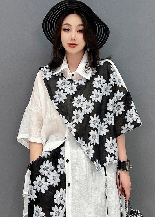 Loose White Patchwork Black Peter Pan Collar Print Shirts And Shorts Two Pieces Set Summer