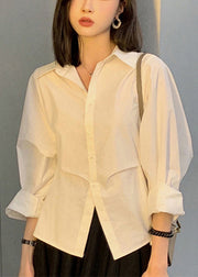 Loose White Peter Pan Collar Button Patchwork Cotton Blouse Fall