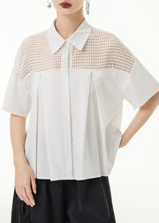 Loose White Peter Pan Collar Hollow Out Patchwork Cotton Shirt Summer