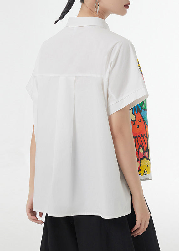 Loose White Print Low High Design Patchwork Cotton Shirt Short Sleeve