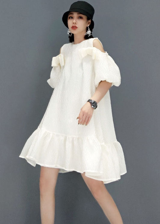 Loose White Puff Sleeve Cold Shoulder a line skirts Party Dress Summer