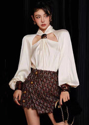 Loose White Sequins Shirts And Skirts Silk Cotton Two Pieces Set Long Sleeve