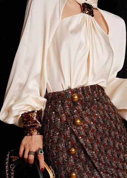 Loose White Sequins Shirts And Skirts Silk Cotton Two Pieces Set Long Sleeve