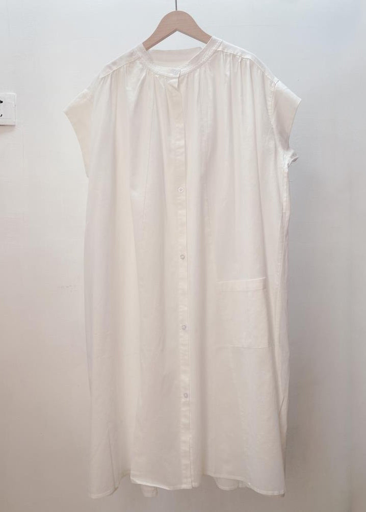 Loose White Solid Button Pockets Cotton Shirt Dresses Summer