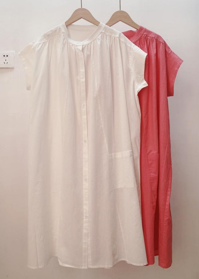 Loose White Solid Button Pockets Cotton Shirt Dresses Summer