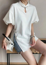 Loose White Stand Collar Button Side Open Silk Shirt Lantern Sleeve