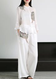 Loose White Stand Collar Patchwork Linen Two Pieces Set flare sleeve