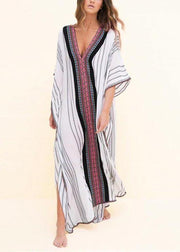 Loose White Striped Patchwork Beach Gown Holiday Cotton Dress - SooLinen