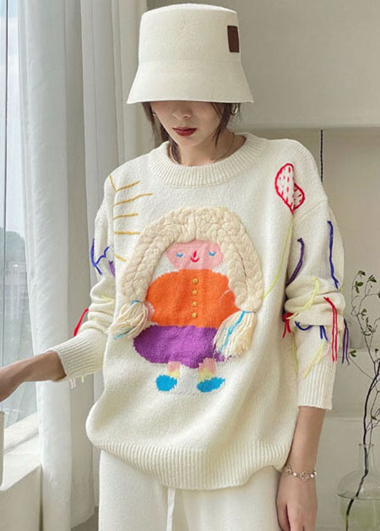 Loose White Tasseled Patchwork Knit Sweaters Winter